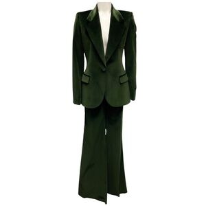 BARBARA BUI GREEN VELVET FITTED JACKET AND BOOTLEG SUIT TROUSERS